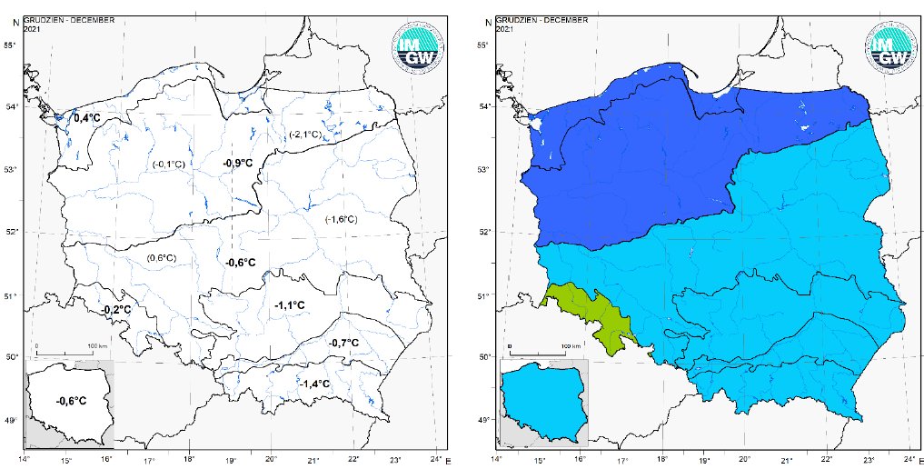 Wartości średniej obszarowej temperatury powietrza oraz klasyfikacja termiczna w grudniu 2021 r. w poszczególnych regionach klimatycznych Polski.