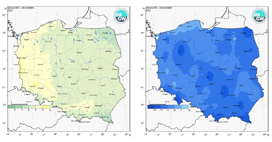 Przestrzenny rozkład wartości kwantyla 95% maksymalnej temperatury powietrza (po lewej) i kwantyla 5% minimalnej temperatury powietrza (po prawej) w grudniu 2021 r.