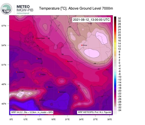 Przykładowa wizualizacja pola temperatury na wysokości 7000 m nad powierzchnią terenu.