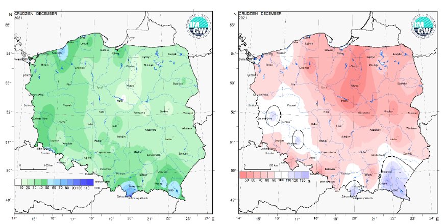 Przestrzenny rozkład miesięcznej sumy opadów w grudniu 2021 r. oraz przestrzenny rozkład ano-malii sumy opadów w stosunku do normy (tj. średniej miesięcznej wartości wieloletniej elementu w okresie 1991-2020).