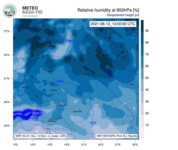 Przykładowa wizualizacja wilgotności względnej i wysokości geopotencjału na wysokości 850 hPa.