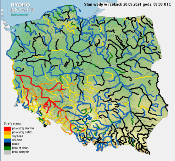 Aktualna sytuacja hydrologiczna 20.09.2024 (09 UTC). Źródło: IMGW-PI