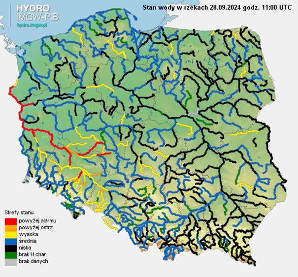 Aktualny stan wody w rzekach na godz. 11 UTC 28.09.2024 r.