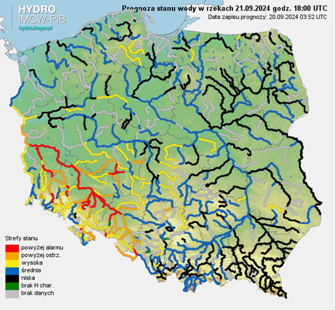 Prognozowana sytuacja hydrologiczna 21.09.2024 r. (18 UTC)