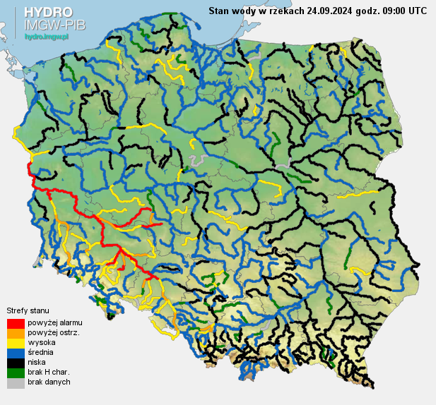 Aktualna sytuacja hydrologiczna 24.09.2024 (09 UTC). Źródło: IMGW-PIB