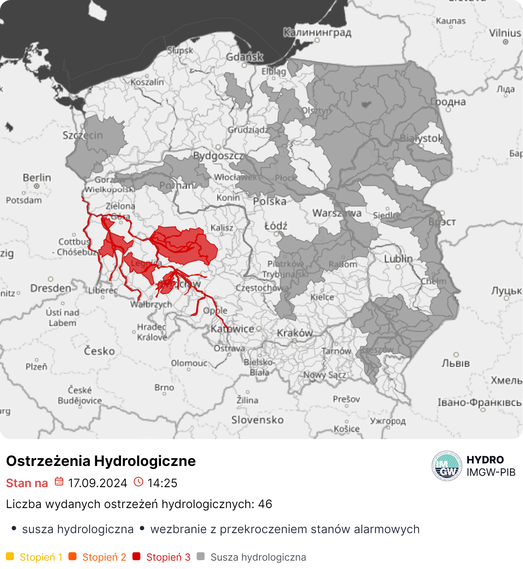 Mapa obowiązujących ostrzeżeń hydrologicznych. Źródło: IMGW-PIB