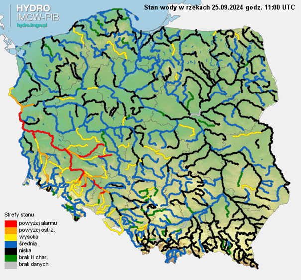 Aktualna sytuacja hydrologiczna 25.09.2024 (11 UTC). Źródło: IMGW-PIB