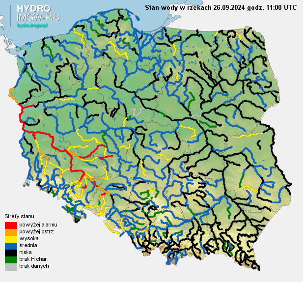 Aktualny stan wody w rzekach na godz. 11 UTC 26.09.2024 r.