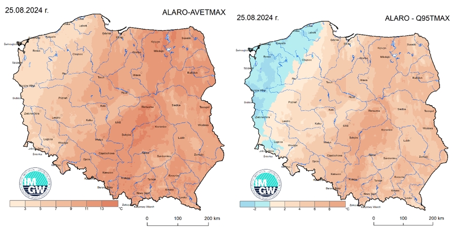 Anomalia prognozy TMAX (2024-08-25) względem notowanych charakterystyk wieloletnich (1991-2020): ALARO-AVETMAX – ALARO-wartość średnia TMAX (po lewej), ALARO-Q95TMAX – ALARO-kwantyl 95% TMAX (po prawej).