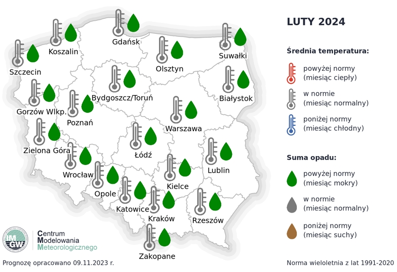 Rys. 3. Prognoza średniej miesięcznej temperatury powietrza i miesięcznej sumy opadów atmosferycznych na luty 2024 r. dla wybranych miast w Polsce