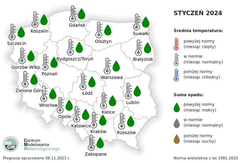 Rys.2. Prognoza średniej miesięcznej temperatury powietrza i miesięcznej sumy opadów atmosferycznych na styczeń 2024 r. dla wybranych miast w Polsce