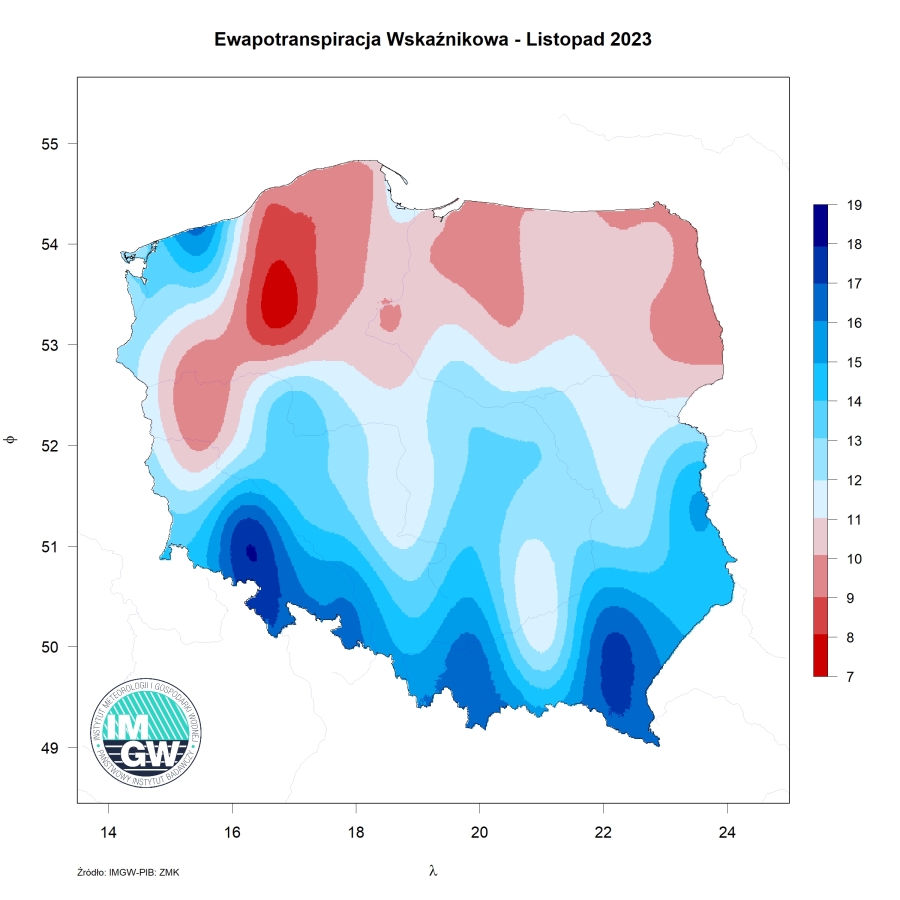 Przestrzenny rozkład miesięcznej sumy parowania potencjalnego w listopadzie 2023 r.