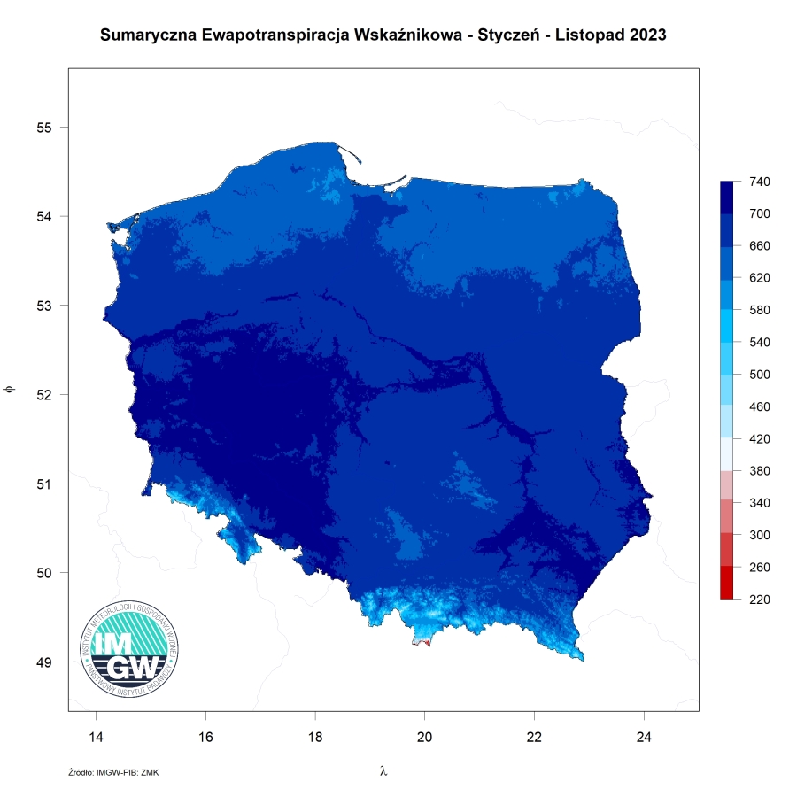 Przestrzenny rozkład sumy parowania potencjalnego w okresie styczeń-listopad 2023 r.