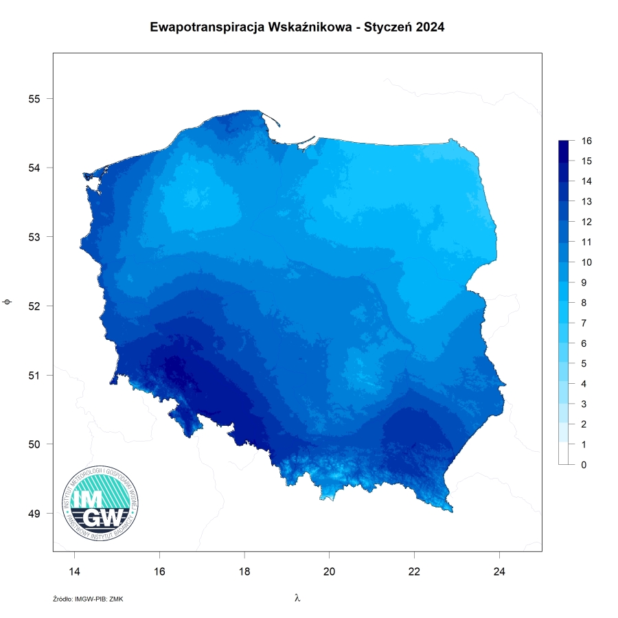 Przestrzenny rozkład sumy parowania potencjalnego – styczeń 2024