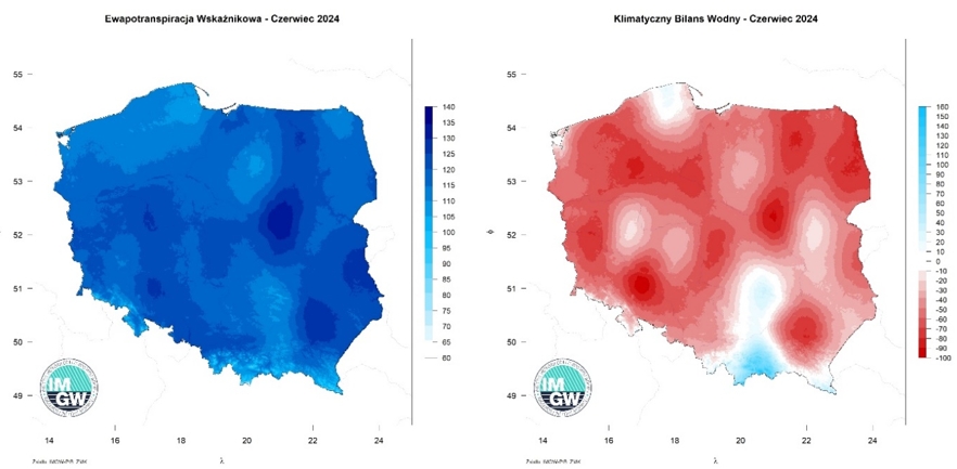 Przestrzenny rozkład sumy parowania potencjalnego (lewy panel) oraz klimatycznego bilansu wodnego (prawy panel) w czerwcu 2024 r.