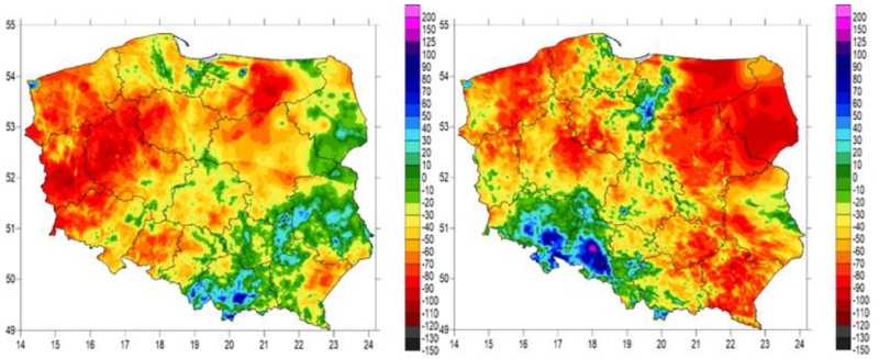 Sumy miesięczne klimatycznego bilansu wodnego w lipcu (lewy) i sierpniu (prawy) 2022 roku (szacowane na podstawie danych z obserwacji naziemnych, radarów meteorologicznych i danych satelitarnych).