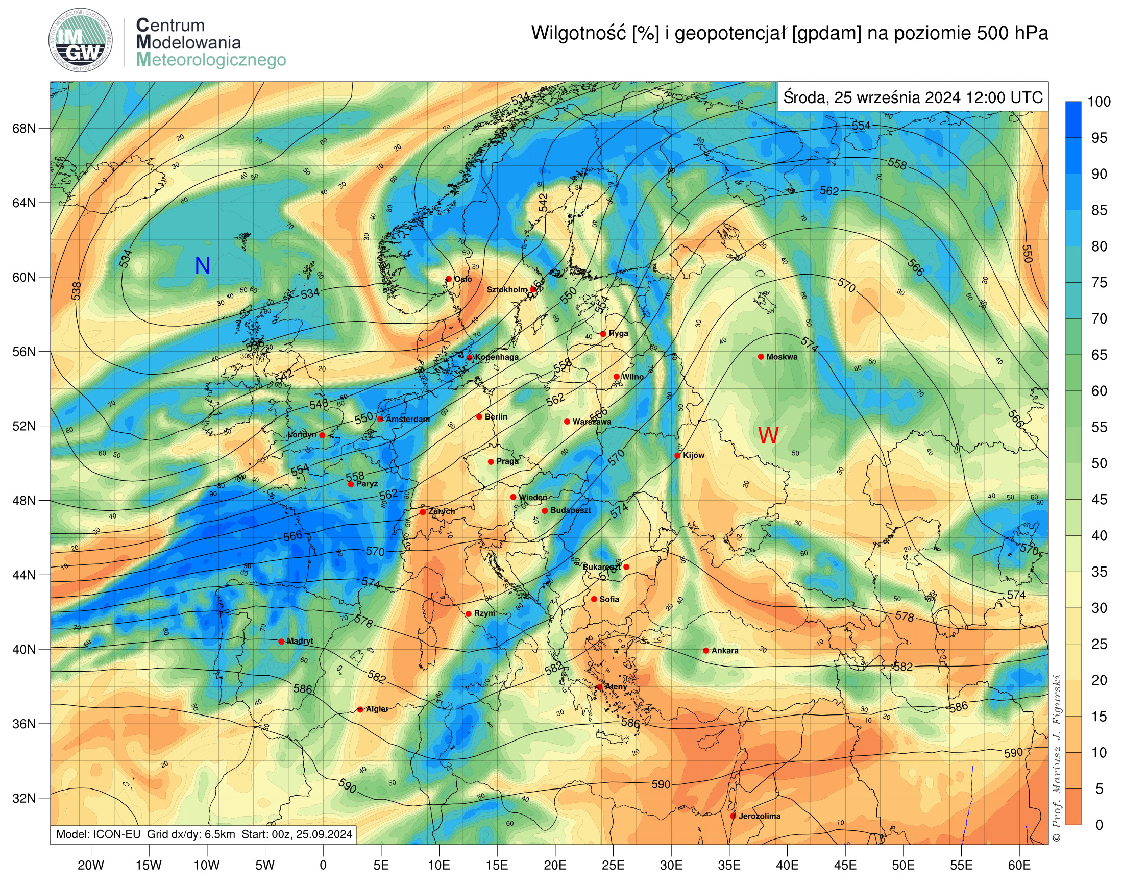 Prognozowana przez model ICON-EU wilgotność względna oraz geopotencjał na poziomie 500 hPa na wtorek (25.09), godz. 12:00 UTC.