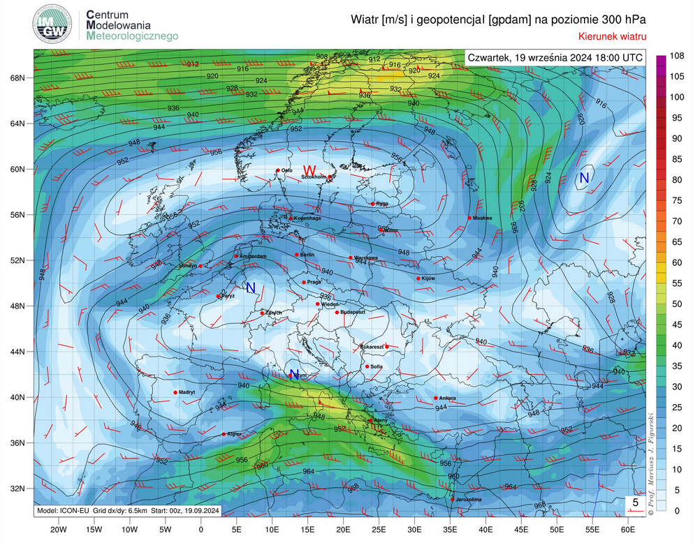 Prognozowane przez model ICON-EU prędkość i kierunek wiatru oraz geopotencjał na poziomie 300 hPa na czwartek (19.09), godz. 18:00 UTC.