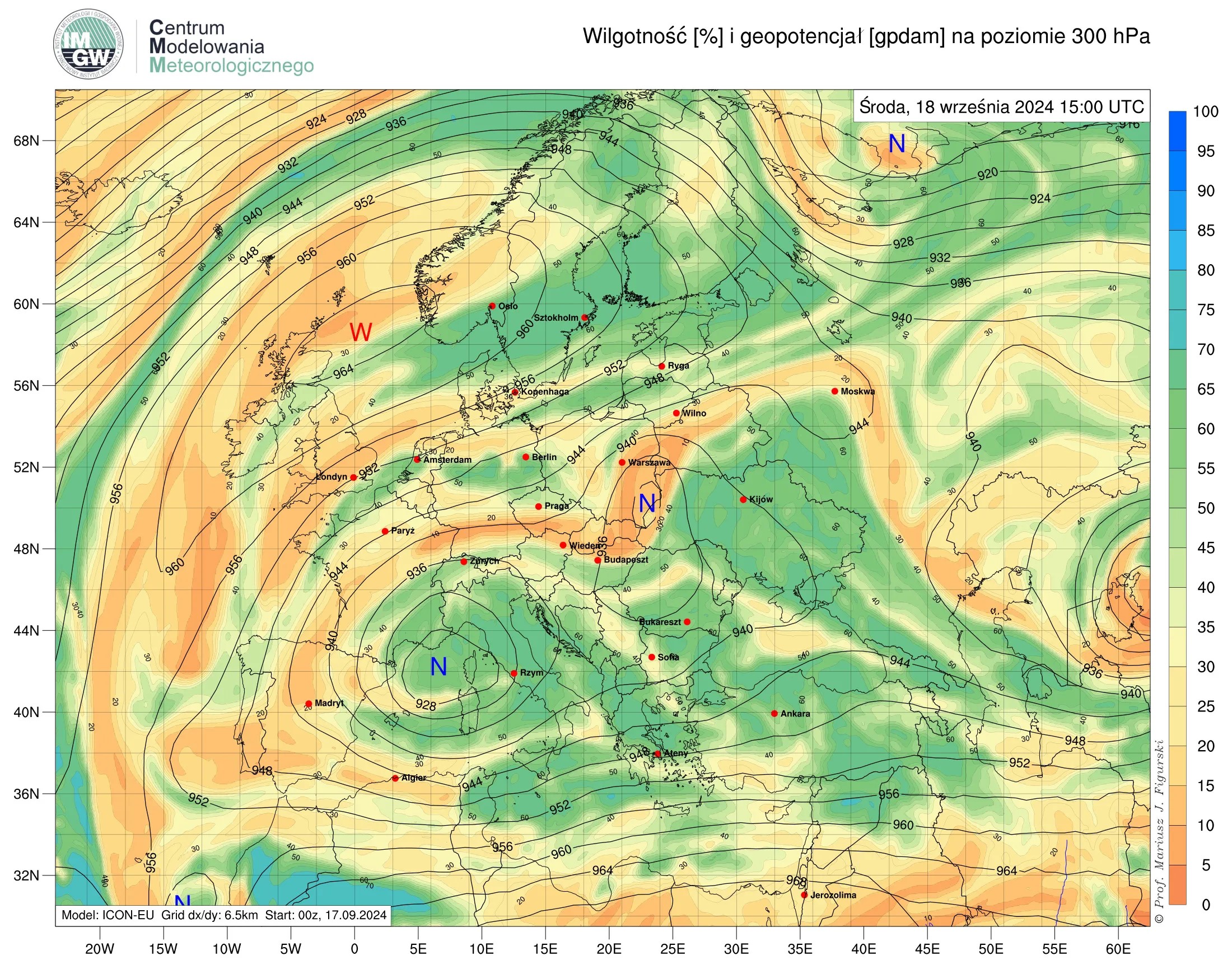 Prognozowana przez model ICON-EU wilgotność względna i geopotencjał na poziomie 300 hPa na najbliższą środę (18.09).