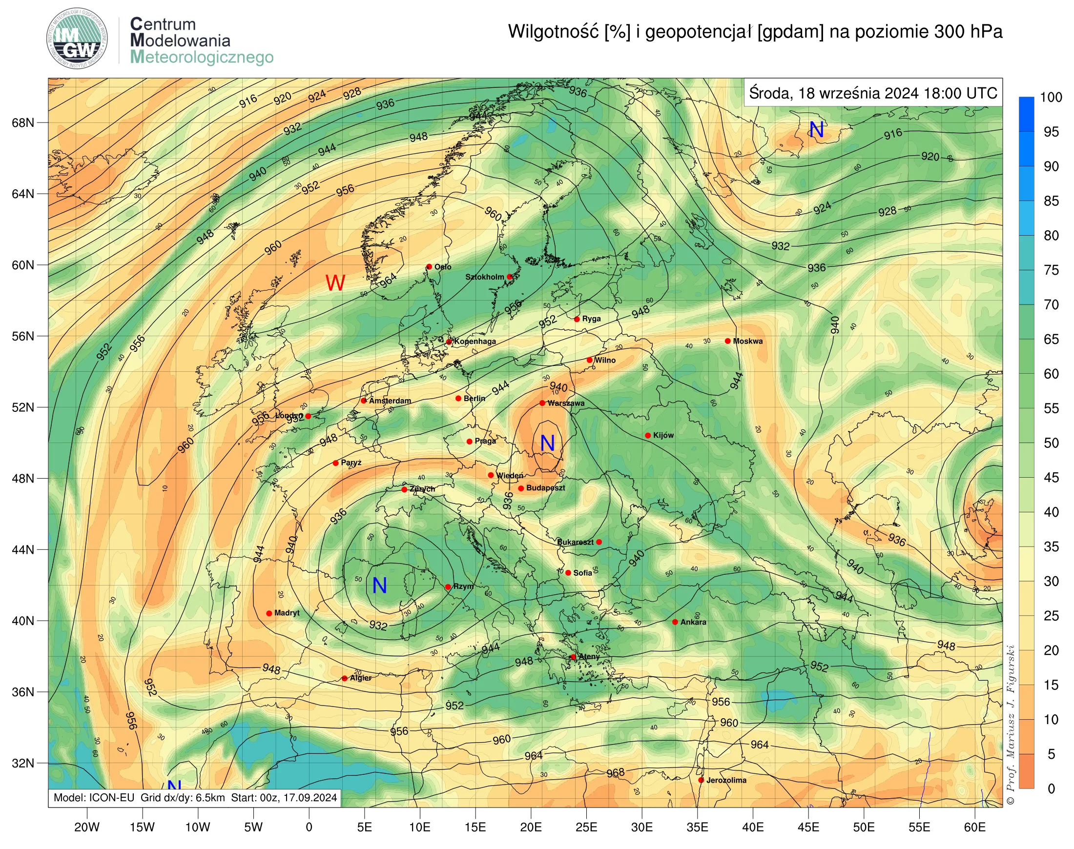 Prognozowany przez model ICON-EU rozkład wilgotności względnej i geopotencjału na poziomie 300 hPa w środę (18.09 18:00 UTC) nad Europą. Nad południowo-wschodnią Polską zaznacza się niż górny.