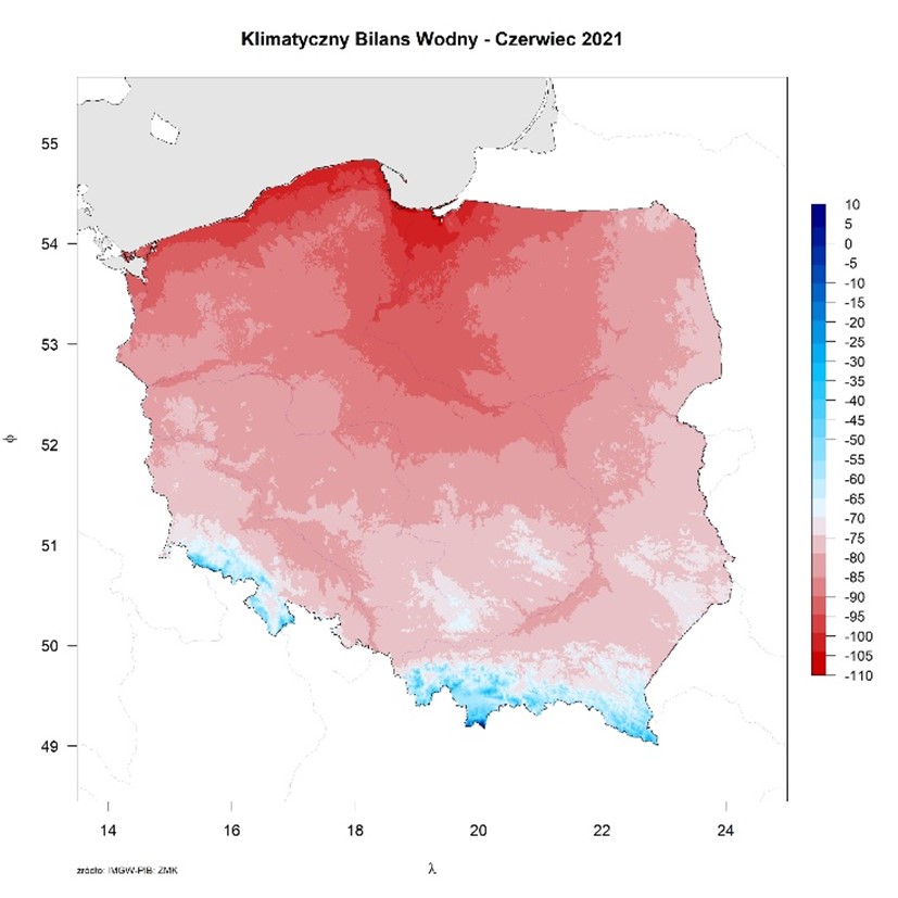 Klimatyczny Bilans Wodny (różnica pomiędzy wysokością opadów a parowaniem potencjalnym) w czerwcu 2021 roku.