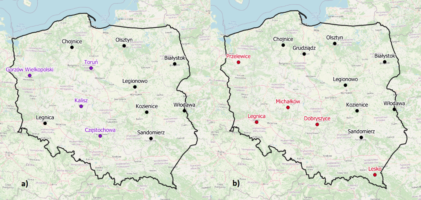 Rozmieszczenie stacji pomiarowych: a) stan obecny, b) stan po modernizacji. Fioletowym kolorem oznaczono stacje detekcji typu SAFIR 3000, czarnym typu TLS200, a czerwonym typu LS 7002.