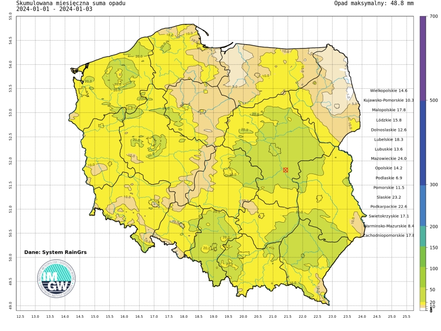 Suma skumulowanego opadu od początku stycznia 2024.