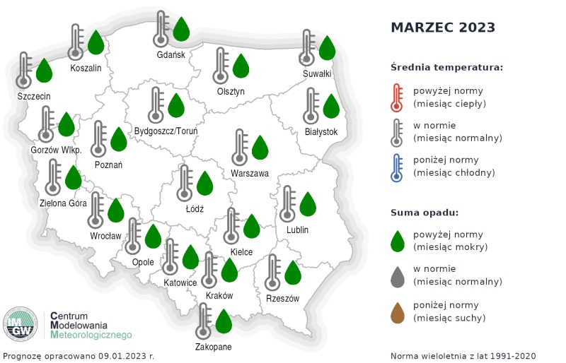 Prognoza średniej miesięcznej temperatury powietrza i miesięcznej sumy opadów atmosferycznych na marzec 2023 r. dla wybranych miast w Polsce.