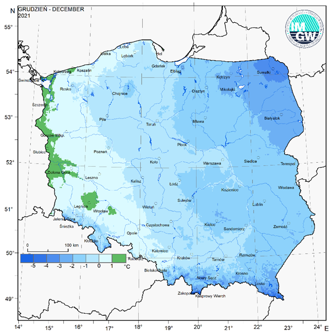 Przestrzenny rozkład średniej miesięcznej temperatury powietrza w grudniu 2021 r.