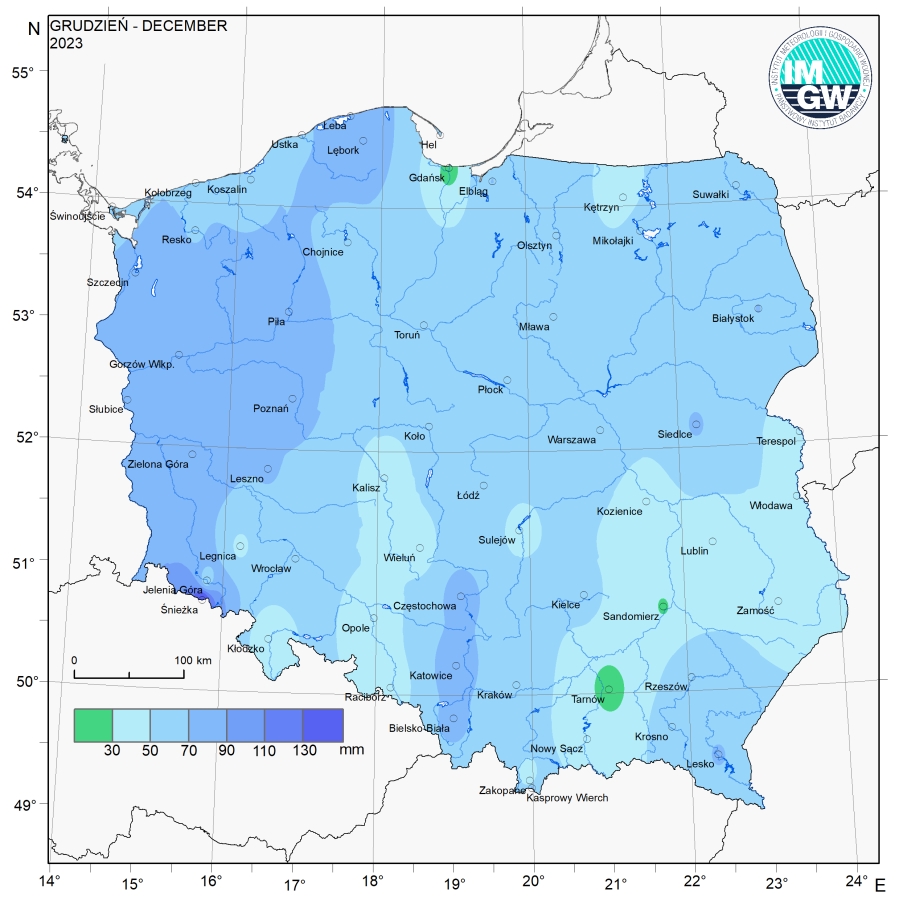 Przestrzenny rozkład miesięcznej sumy opadów w grudniu 2023 r. 