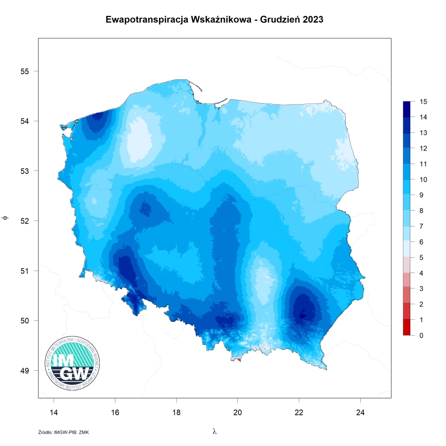 Przestrzenny rozkład miesięcznej sumy parowania potencjalnego w grudniu 2023 r. 