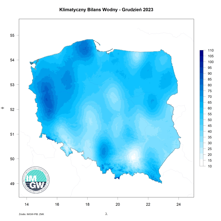 Przestrzenny rozkład klimatycznego bilansu wodnego w grudniu 2023 r.