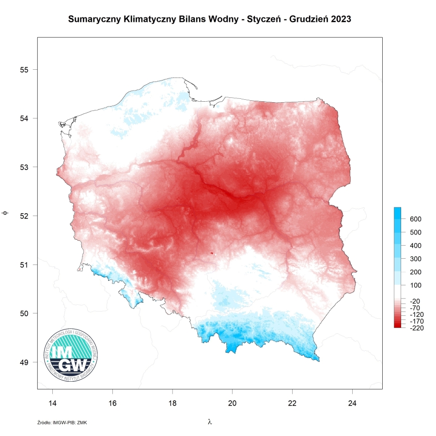 Przestrzenny rozkład klimatycznego bilansu wodnego w okresie styczeń-listopad 2023 r.