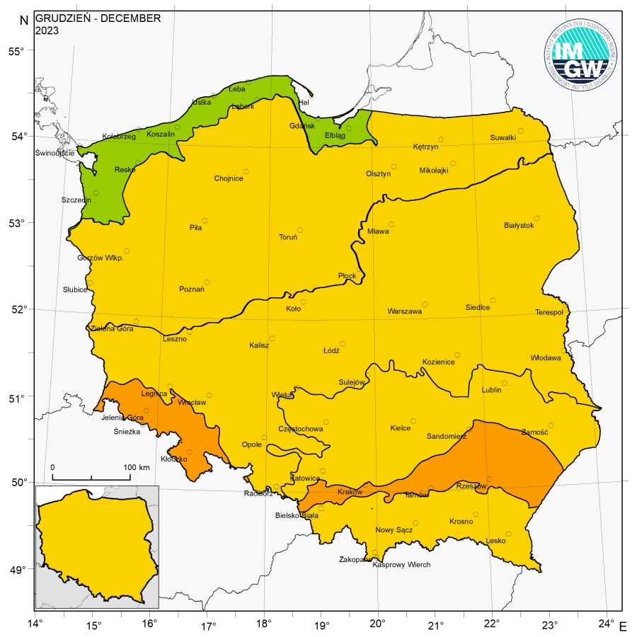 Wartości średniej obszarowej temperatury powietrza oraz klasyfikacja termiczna w grudniu 2023 r. w poszczególnych regionach klimatycznych Polski.