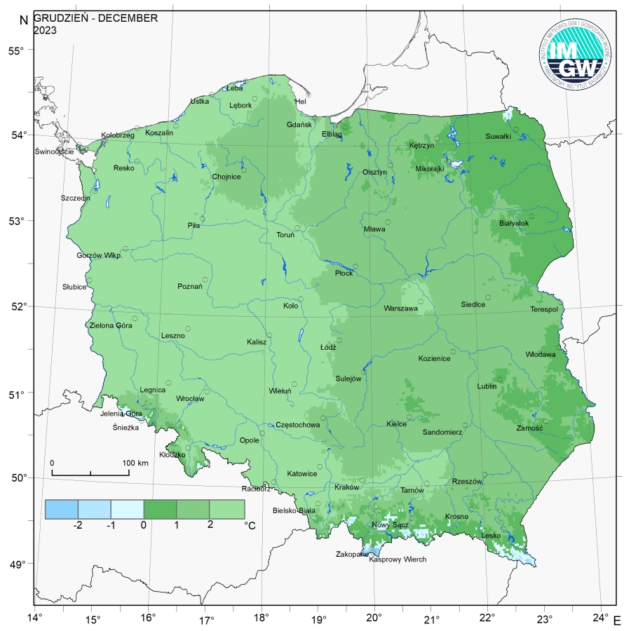 Przestrzenny rozkład średniej miesięcznej temperatury powietrza w grudniu 2023 r.