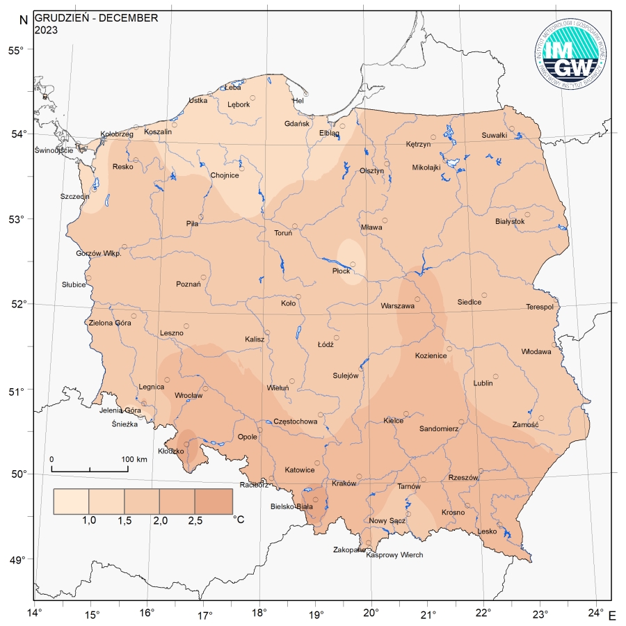 Przestrzenny rozkład anomalii średniej miesięcznej temperatury powietrza w grudniu 2023 r. w stosunku do normy (tj. średniej miesięcznej wartości wieloletniej elementu w okresie 1991-2020).