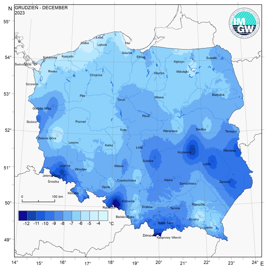 Przestrzenny rozkład wartości kwantyla 5% minimalnej temperatury powietrza w grudniu 2023 r.