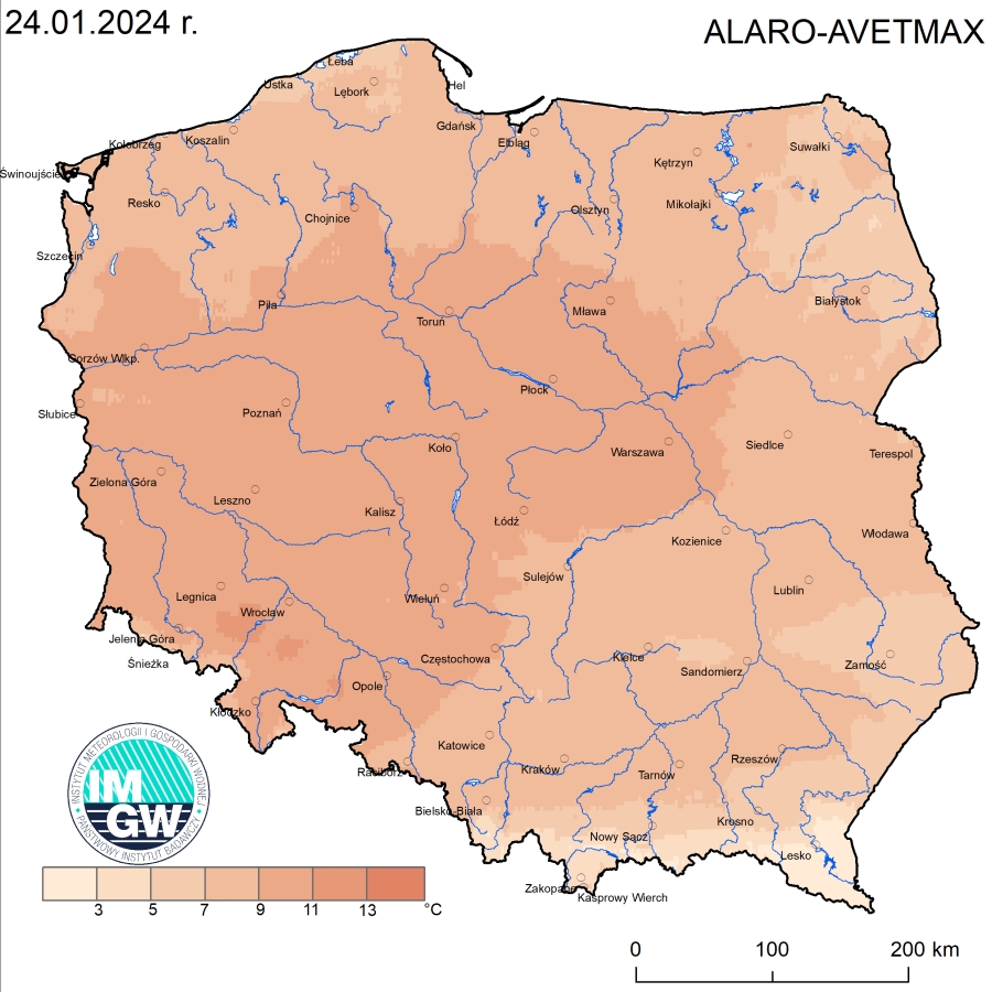 Anomalia prognozy TMAX (2024-01-24) względem notowanych charakterystyk wieloletnich (1991-2020): ALARO-AVETMAX – ALARO-wartość średnia TMAX.