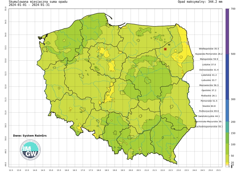 Suma skumulowanego opadu w styczniu 2024.