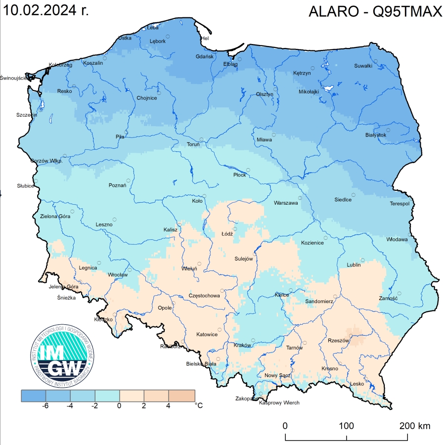 Anomalia prognozy TMAX (2024-02-10) względem notowanych charakterystyk wieloletnich (1991-2020): ALARO-Q95TMAX – ALARO-kwantyl 95% TMAX.