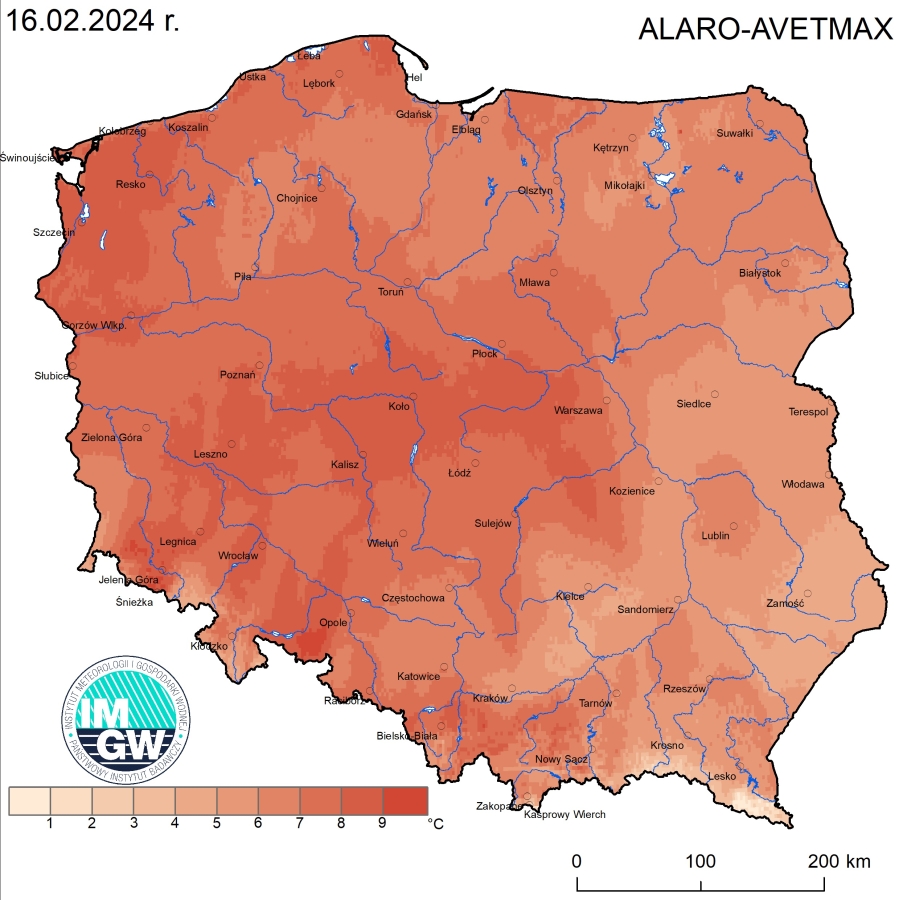 Anomalia prognozy TMAX (2024-02-16) względem notowanych charakterystyk wieloletnich (1991-2020): ALARO-AVETMAX – ALARO-wartość średnia TMAX.