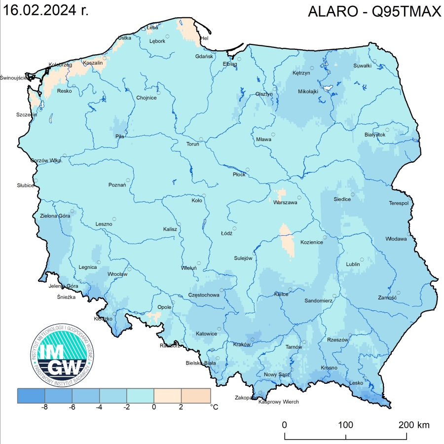 Anomalia prognozy TMAX (2024-02-16) względem notowanych charakterystyk wieloletnich (1991-2020): ALARO-Q95TMAX – ALARO-kwantyl 95% TMAX.