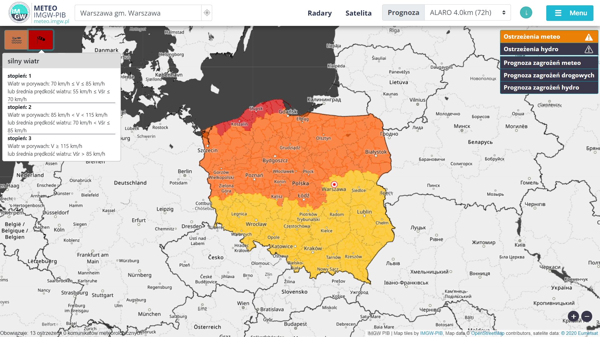 Aktualnie wydane ostrzeżenia meteorologiczne przed silnym wiatrem: stopień 3, 2 i 1. | meteo.imgw.pl