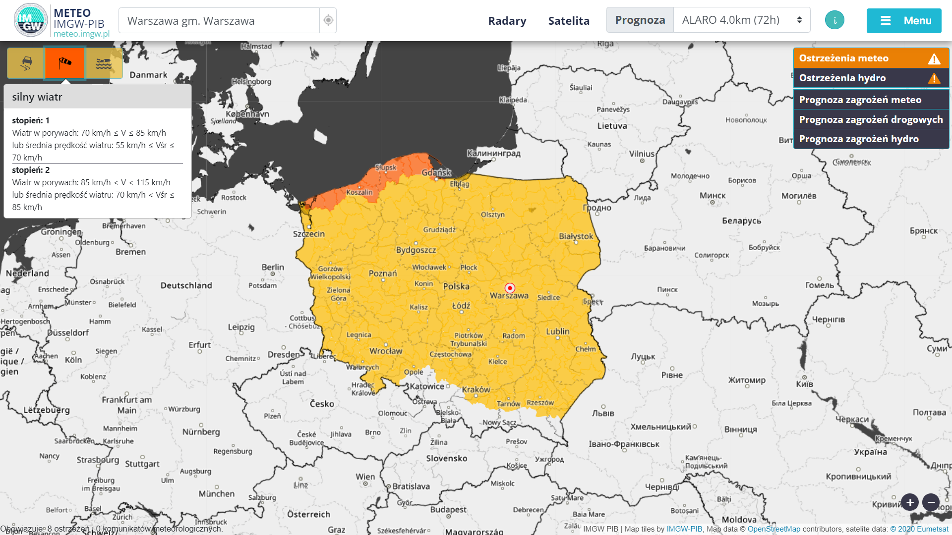 Aktualnie (20.02, godz. 8:00) wydane ostrzeżenia meteorologiczne przed silnym wiatrem 1 i 2 stopnia. | meteo.imgw.pl