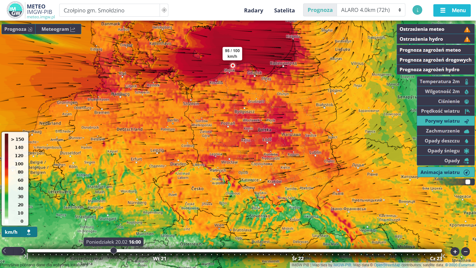 Prognozowana prędkość porywów wiatru [km/h] dziś (20.02, godz. 16:00) wg modelu Alaro 4k. | meteo.imgw.pl