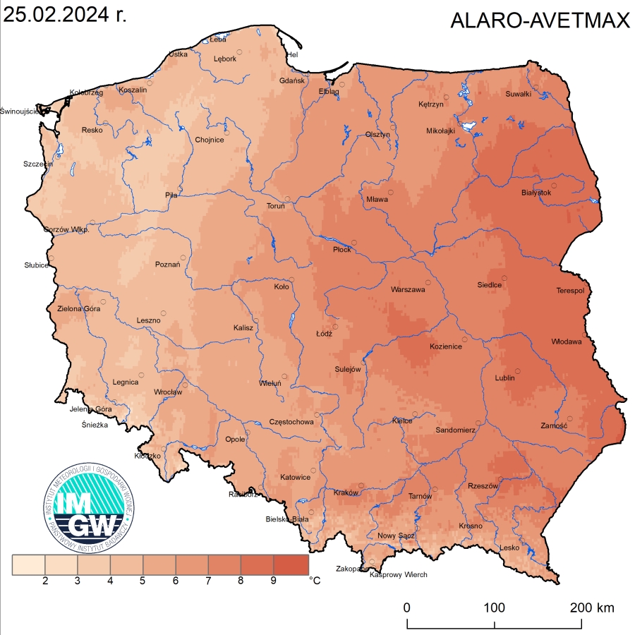 Anomalia prognozy TMAX (2024-02-25) względem notowanych charakterystyk wieloletnich (1991-2020): ALARO-AVETMAX – ALARO-wartość średnia TMAX.