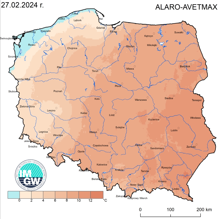 Anomalia prognozy TMAX (2024-02-27) względem notowanych charakterystyk wieloletnich (1991-2020): ALARO-AVETMAX – ALARO-wartość średnia TMAX.