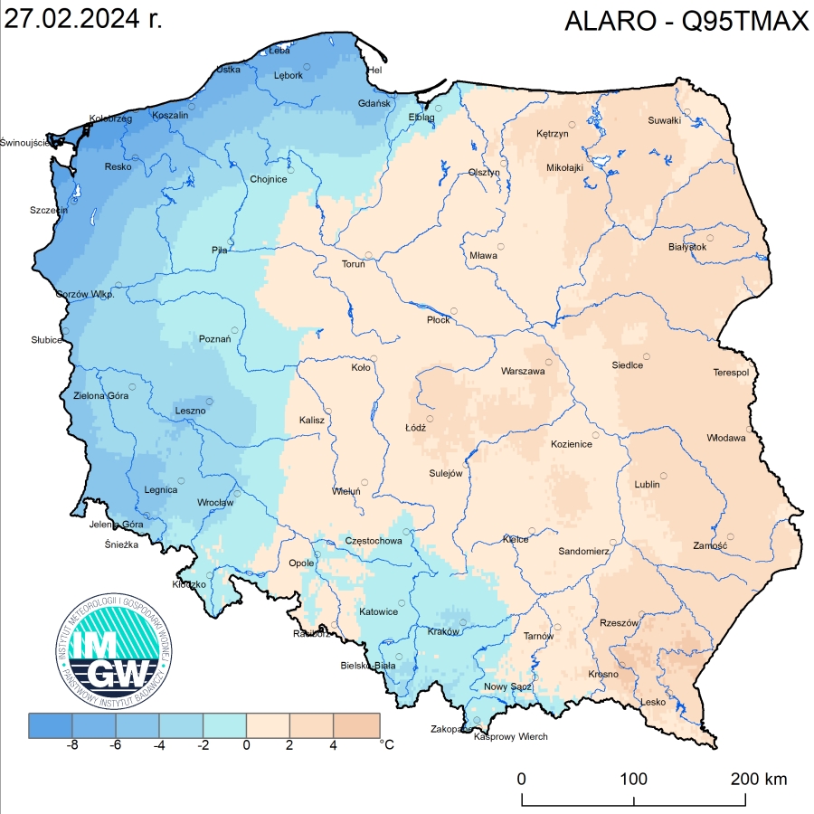 Anomalia prognozy TMAX (2024-02-27) względem notowanych charakterystyk wieloletnich (1991-2020): ALARO-Q95TMAX – ALARO-kwantyl 95% TMAX.