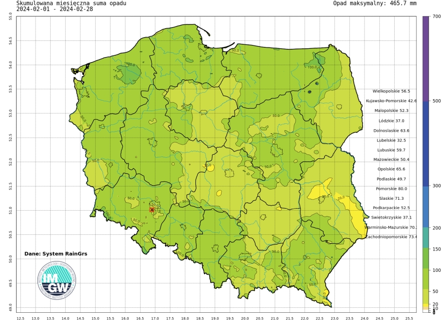 Suma skumulowanego opadu w lutym 2024.