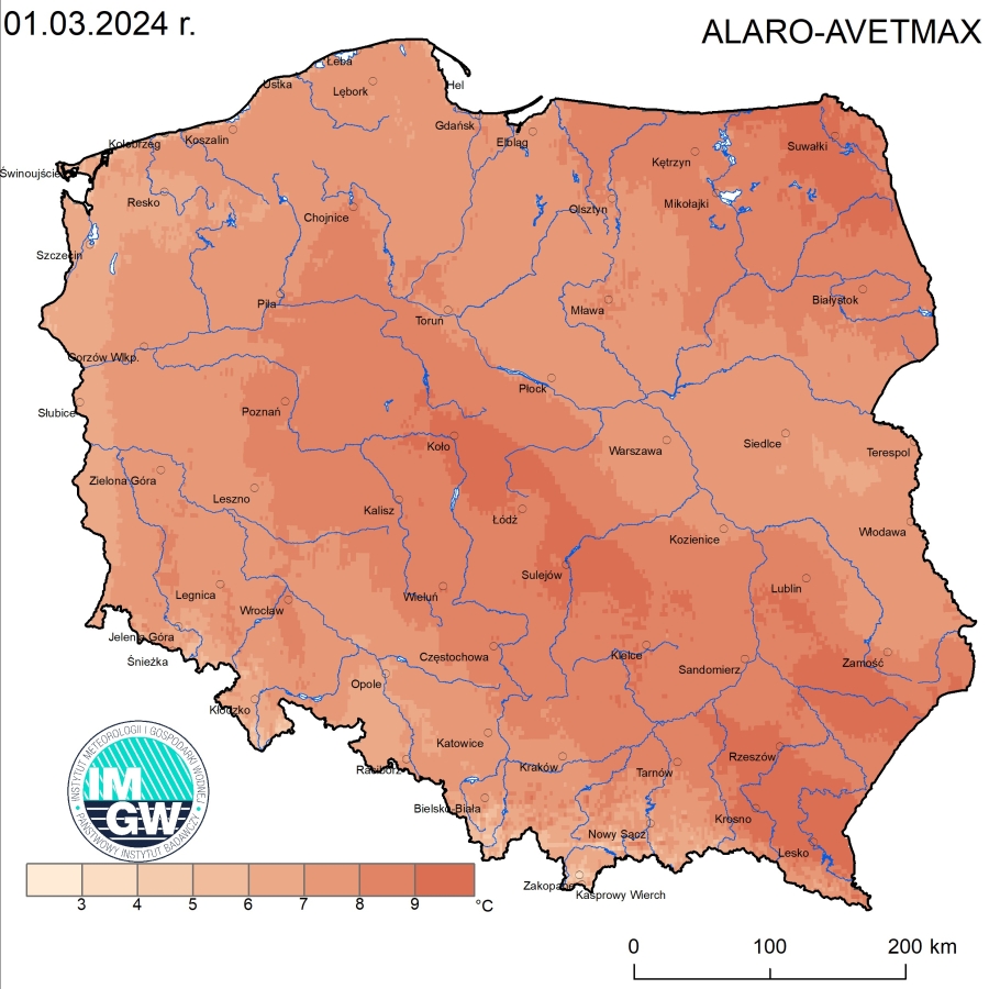 Anomalia prognozy TMAX (2024-03-01) względem notowanych charakterystyk wieloletnich (1991-2020): ALARO-AVETMAX – ALARO-wartość średnia TMAX.